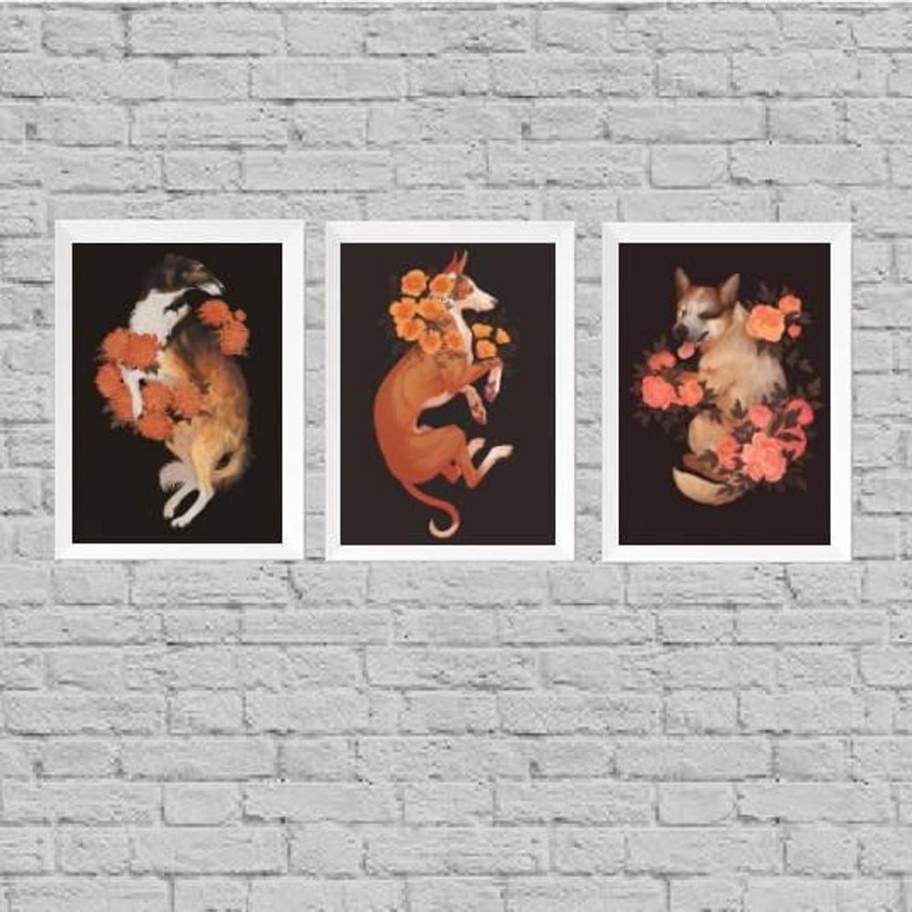 Kit 3 Quadros Cães My Pets Flowers 33X24Cm