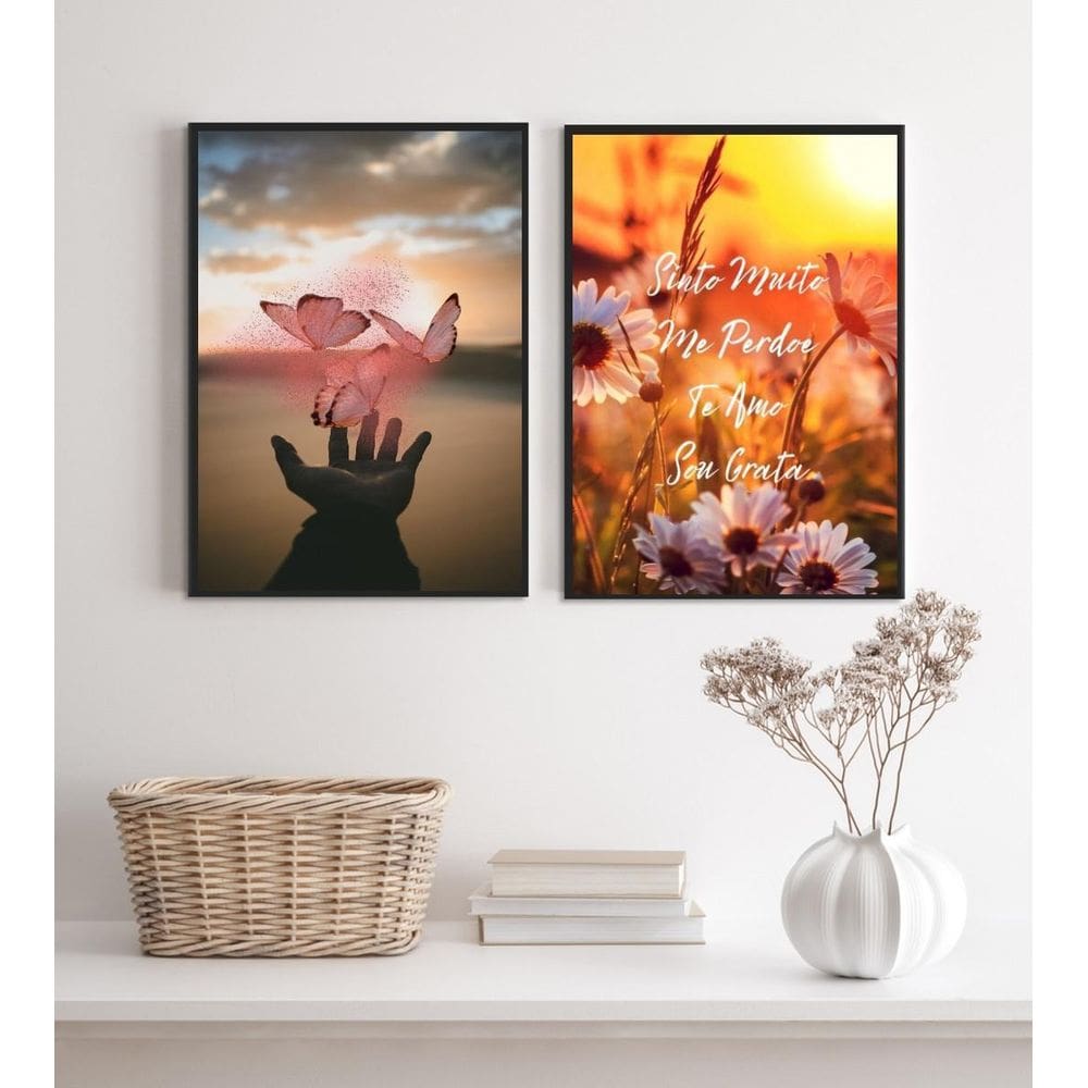 Kit 2 Quadros Ho Oponopono Mágico- Flores Borboletas 24X18Cm