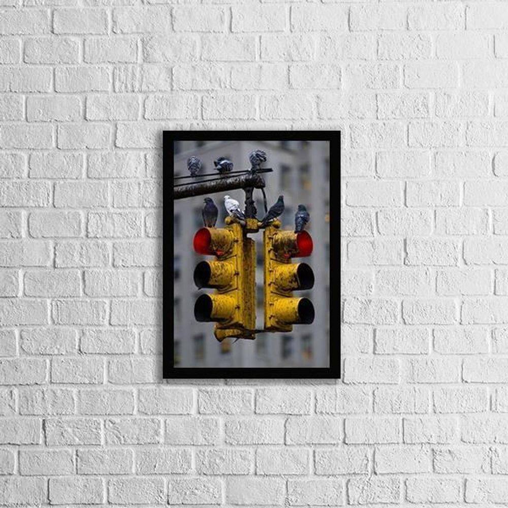 Quadro Fotografia Farol De Trânsito 45X34Cm Com Vidro Preta