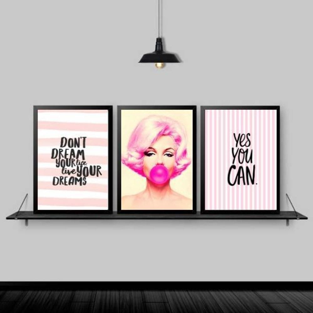 Kit 3 Quadros Marilyn Life Your Dreams 33X24Cm Moldura Preta