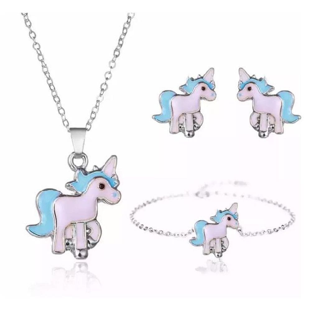 Conjunto Colar Brinco Pulseira Unicórnio Prateado Azul K5486