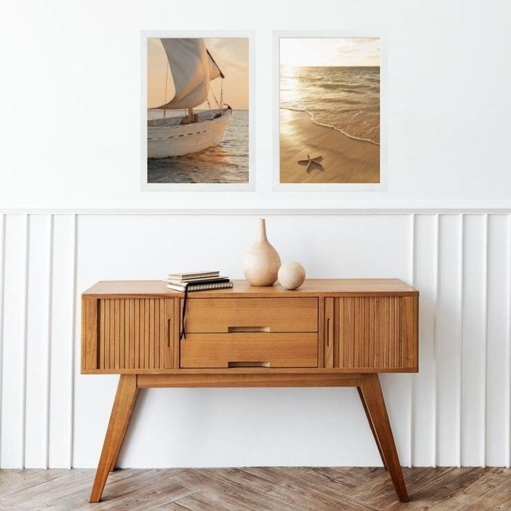 Kit 2 Quadros Praia Bege - Mar E Barco 24X18Cm - Com Vidro