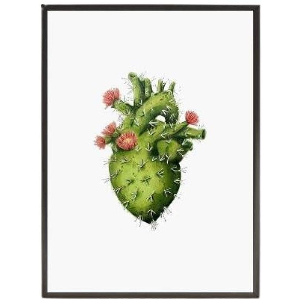 Quadro Decorativo Coração De Cacto Com Vidro 24X18Cm