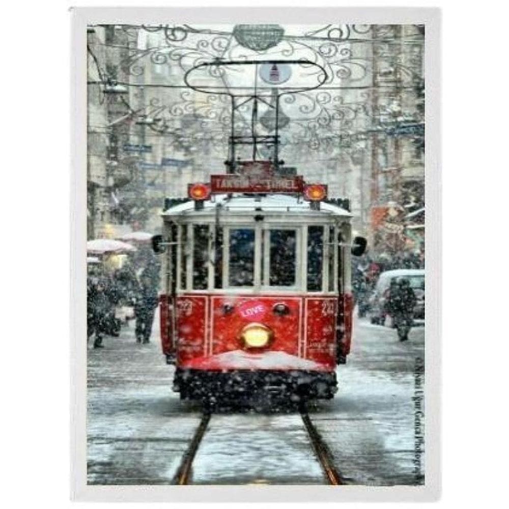 Quadro Fotografia Bonde Vermelho Neve Moldura Branca 45X34Cm