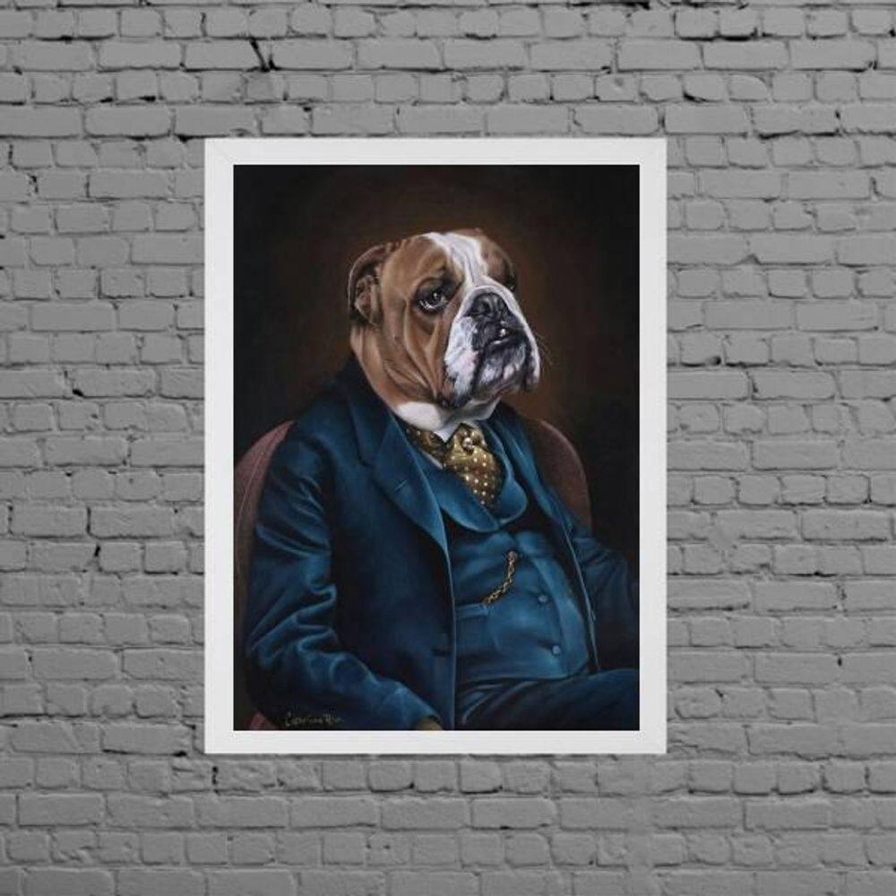 Quadro Decorativo Bulldog De Terno 45X34Cm Moldura Branca