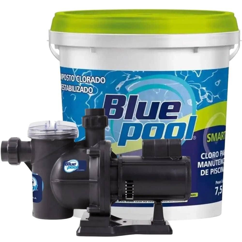 Bomba para Piscina 1 CV 75.000 Litros com Balde de Cloro 7,5 KG BLUEPOOL