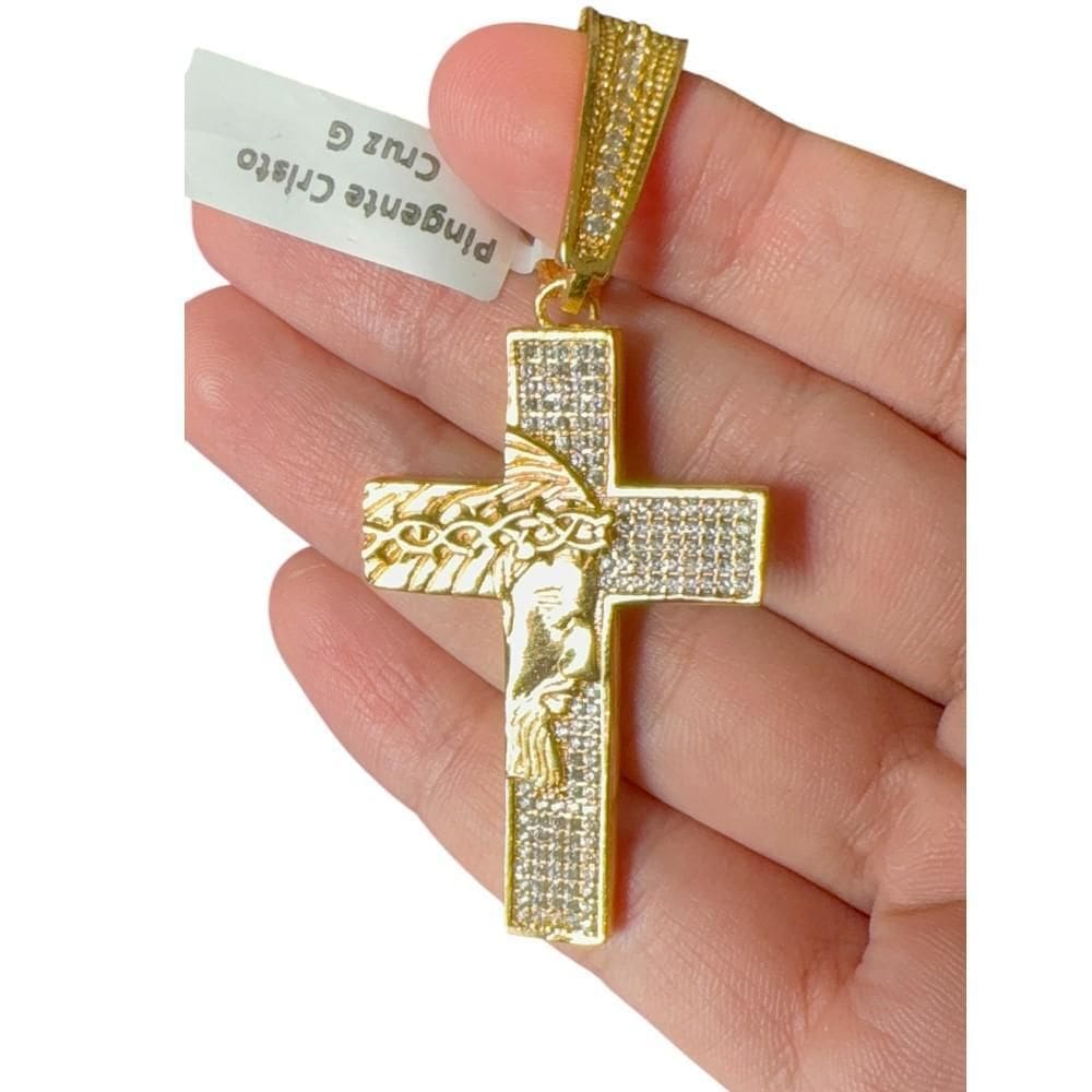 Pingente Cruz Rosto Jesus Cravejado - Banhado A Ouro 18K
