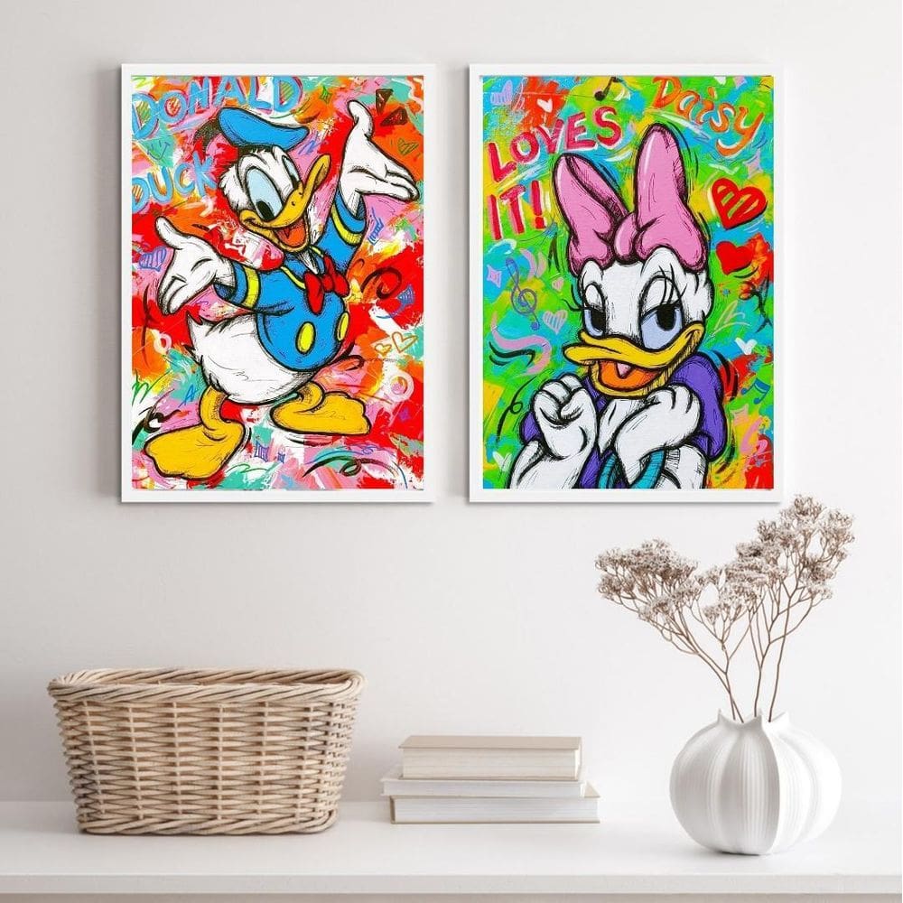 Kit 2 Quadros Grafite Margarida e Donald 24x18cm - Vidro e Moldura Branca