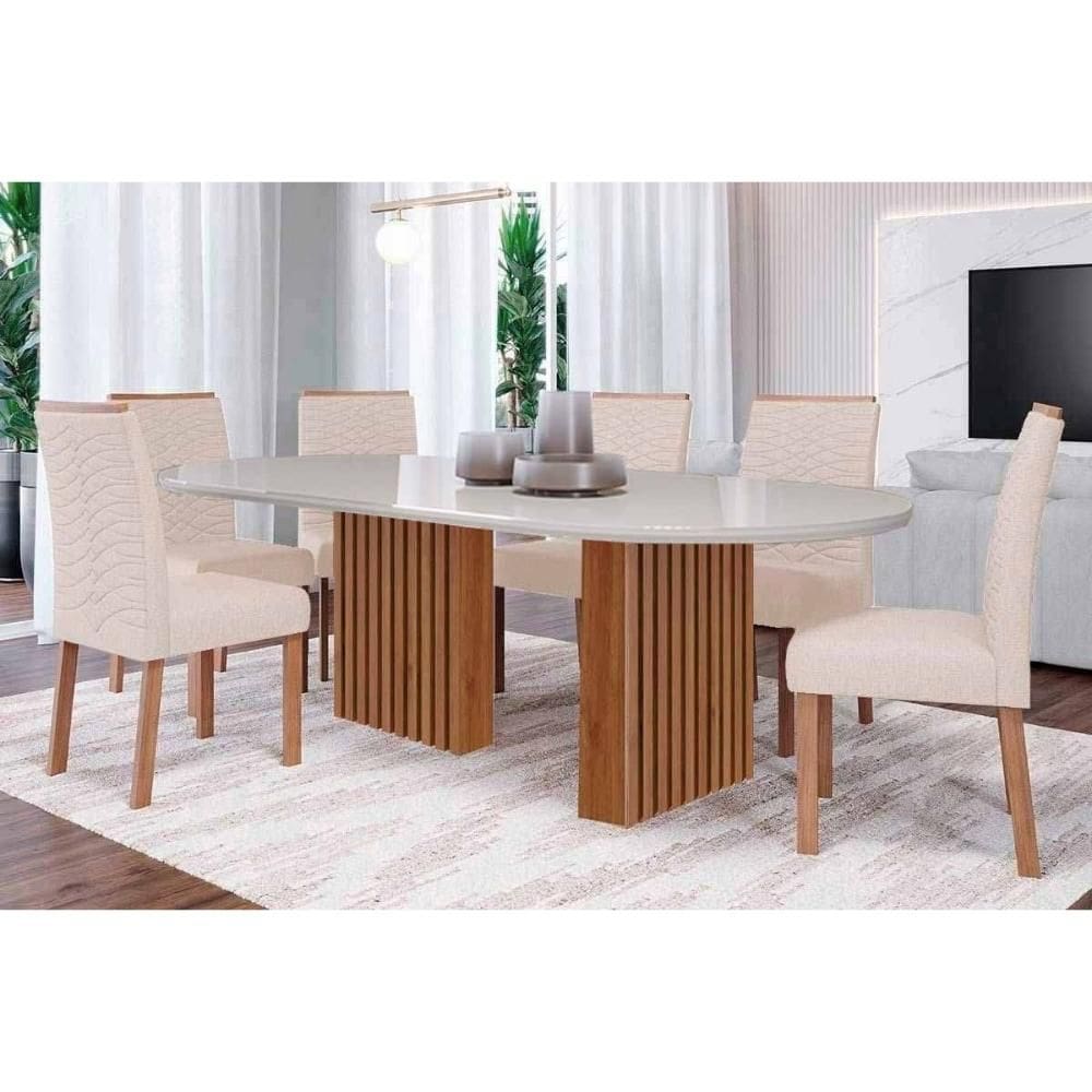 Conjunto: Mesa Sala Jantar Ester Tampo Madeirado Oval c/ Vidro 210x100cm e 6 Cadeiras Clarice Cinamomo/Off White - Carvalho/Linho Bege Cimol