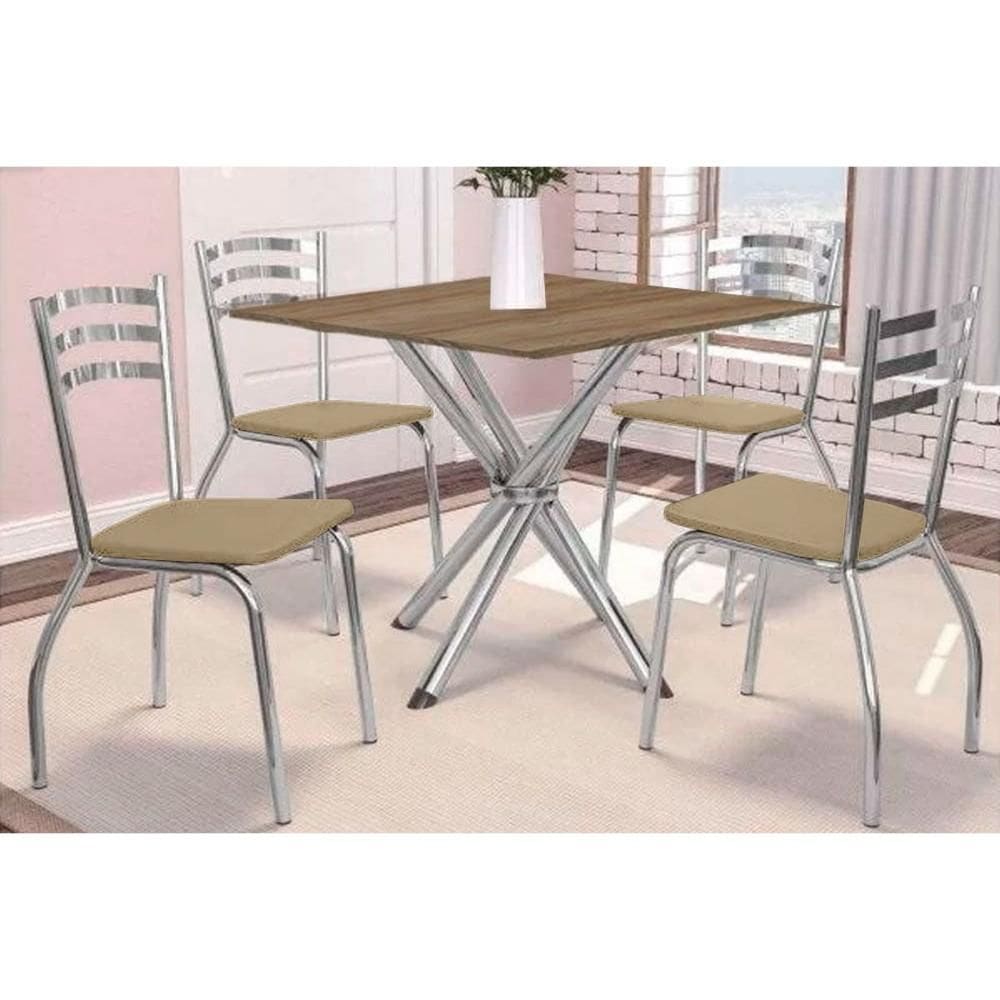 Conjunto: Mesa Sala Jantar Volga c/ Tampo de Madeira 90cm e 4 Cadeiras Portugal Cromado/Nogueira - Capuccino Kappesberg