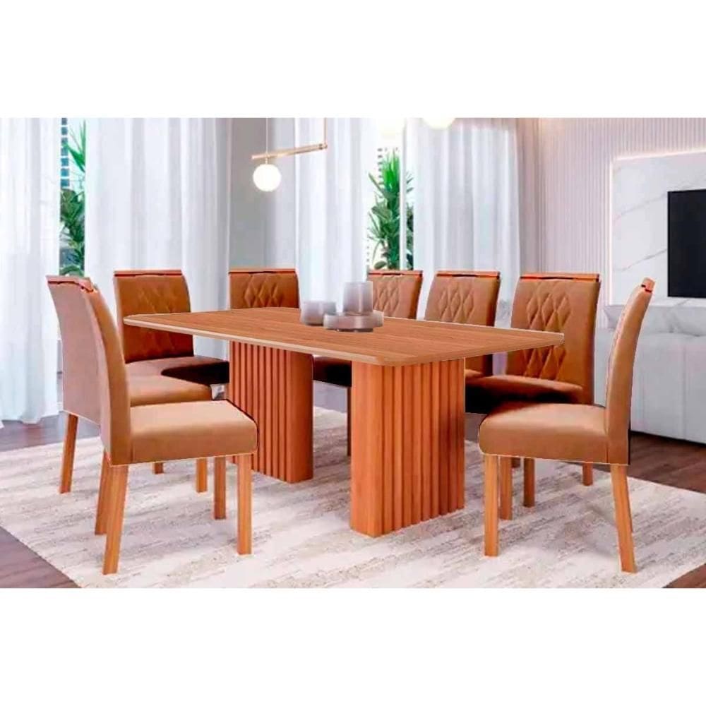 Conjunto: Mesa Sala Jantar Ester Tampo Madeirado 210x100cm e 8 Cadeiras Juliana Cinamomo - Carvalho/Suede Joli Capuccino Cimol