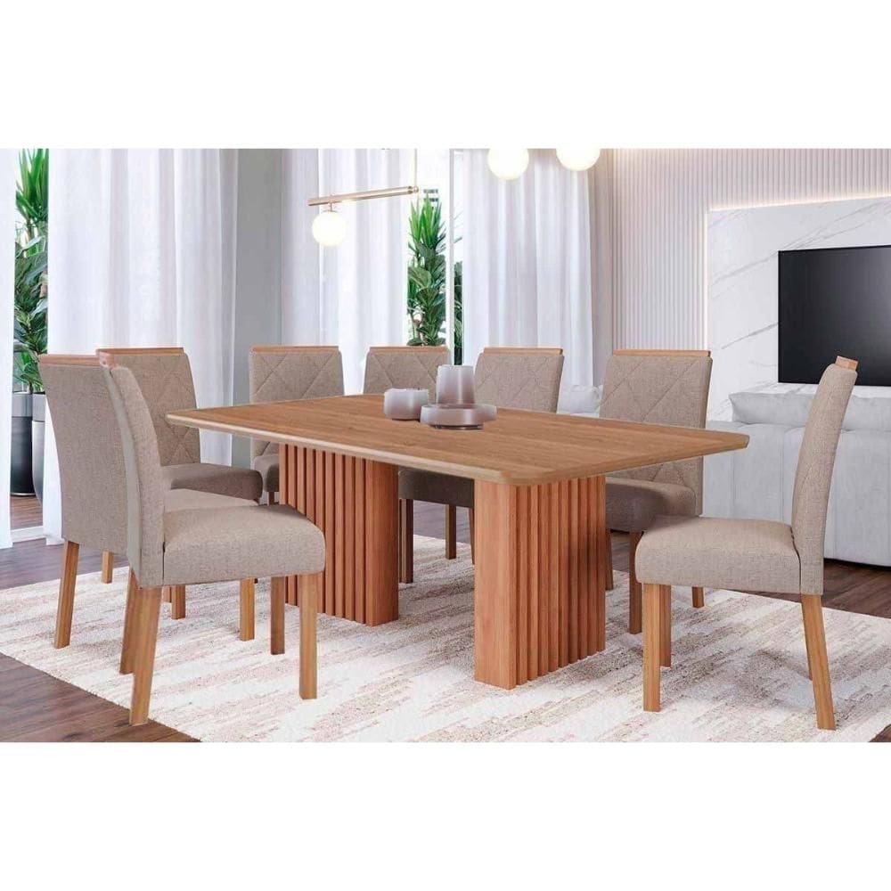 Conjunto: Mesa Sala Jantar Ester Tampo Madeirado 210x100cm e 8 Cadeiras Fernanda Cinamomo - Carvalho/Linho Bege Cimol