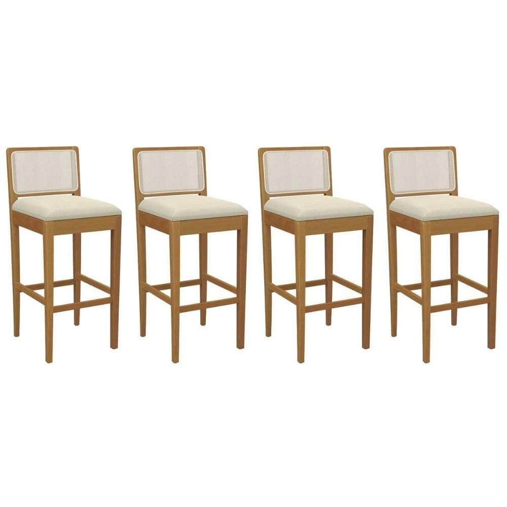 Banqueta Cozinha Sara 1BMM005CA Premium Madeira Maciça Kit 4 Un Carvalho/Linho Bege Argila/Tela Bege - Kappesberg