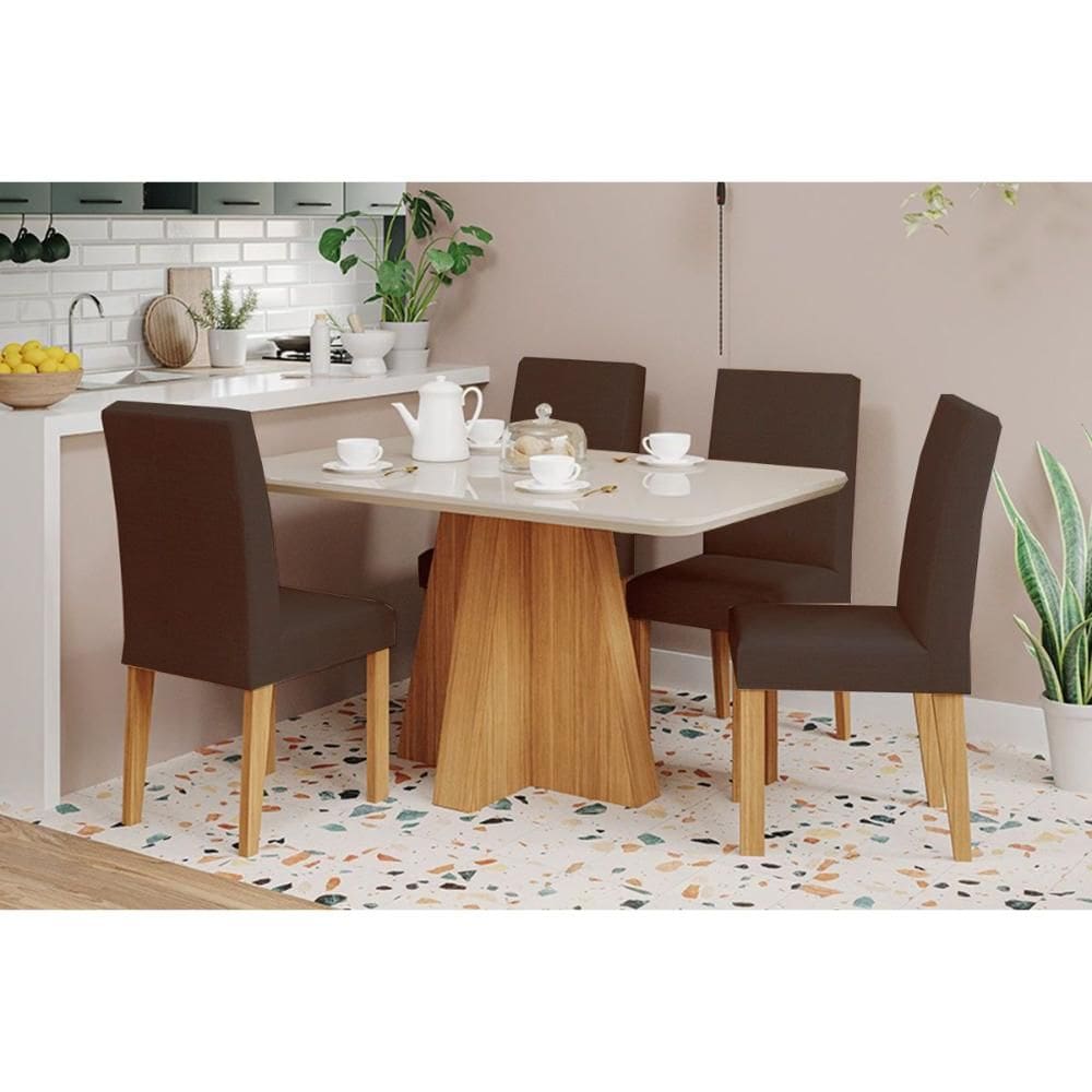 Conjunto: Mesa Sala Jantar Maitê Tampo Madeirado c/ Vidro 130x80cm e 4 Cadeiras Maia Cinamomo/Off White - Nature/Suede Mascavo Chocolate Cimol