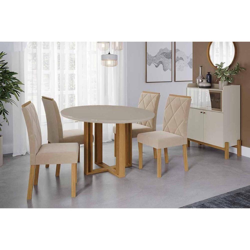 Conjunto: Mesa Sala Jantar Flora Tampo Madeirado c/ Vidro 109cm e 4 Cadeiras Fernanda Cinamomo/Off White - Carvalho/Linho Bege Cimol