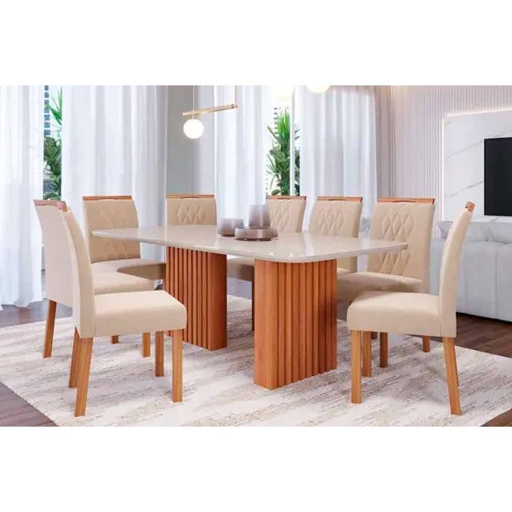 Conjunto: Mesa Sala Jantar Ester Tampo Madeirado c/ Vidro 210x100cm e 8 Cadeiras Juliana Cinamomo/Off White - Carvalho/Suede Nude Bege Cimol