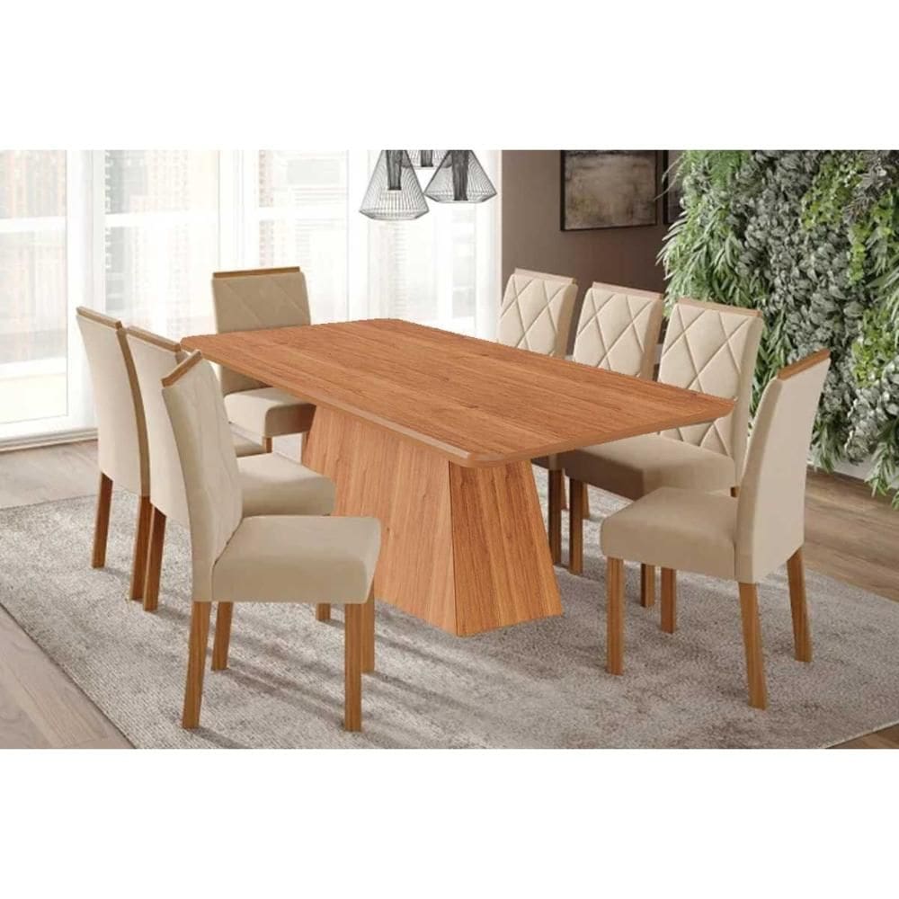 Conjunto: Mesa Sala Jantar Helena Tampo Madeirado 210x100cm e 8 Cadeiras Fernanda Cinamomo - Carvalho/Suede Nude Bege Cimol