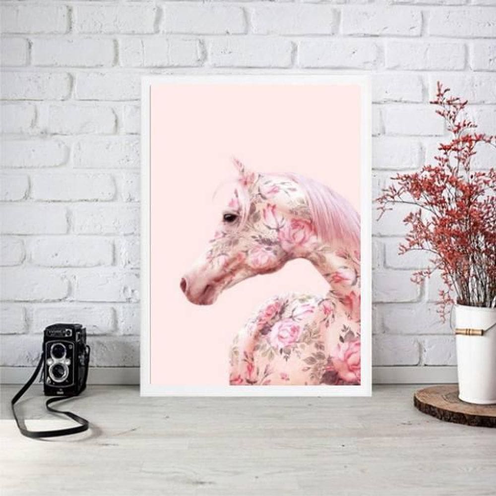 Quadro Decorativo Cavalo Rosa Com Flores 24X18Cm