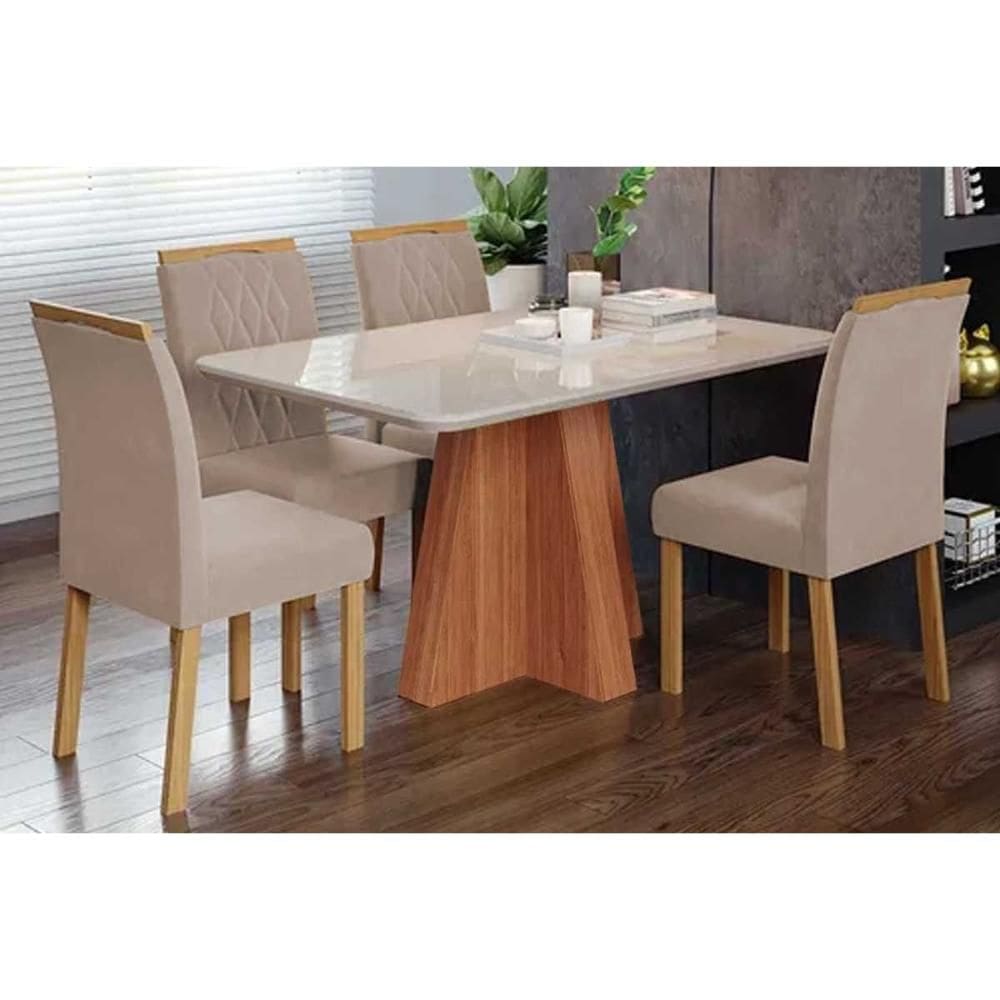 Conjunto: Mesa Sala Jantar Maitê Tampo Madeirado c/ Vidro 130x80cm e 4 Cadeiras Juliana Cinamomo/Off White - Carvalho/Linho Bege Cimol