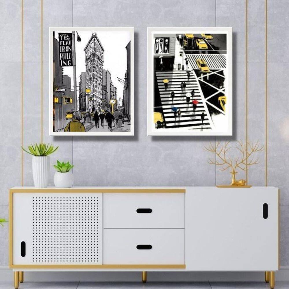 Kit 2 Quadros Figurativos New York Preto Amarelo 33X24Cm