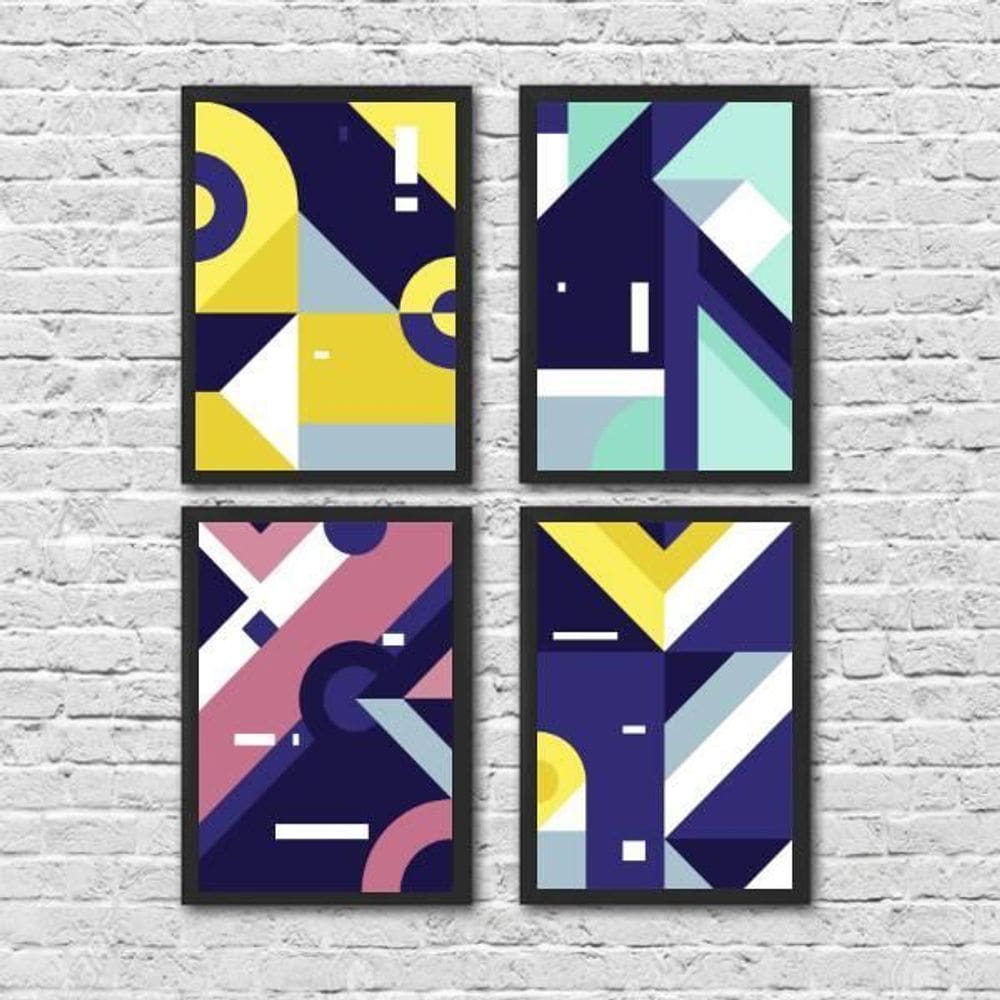 Kit 4 Quadros Geométricos Harmonia 45X34Cm Com Vidro Preta