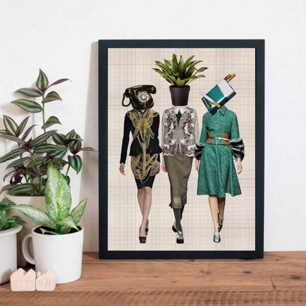 Quadro Estilo Colagem Mulheres Retrô 24X18Cm - Com Vidro