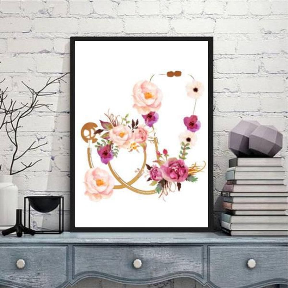 Quadro Decorativo Estetoscópio Floral 24X18Cm Moldura Preta
