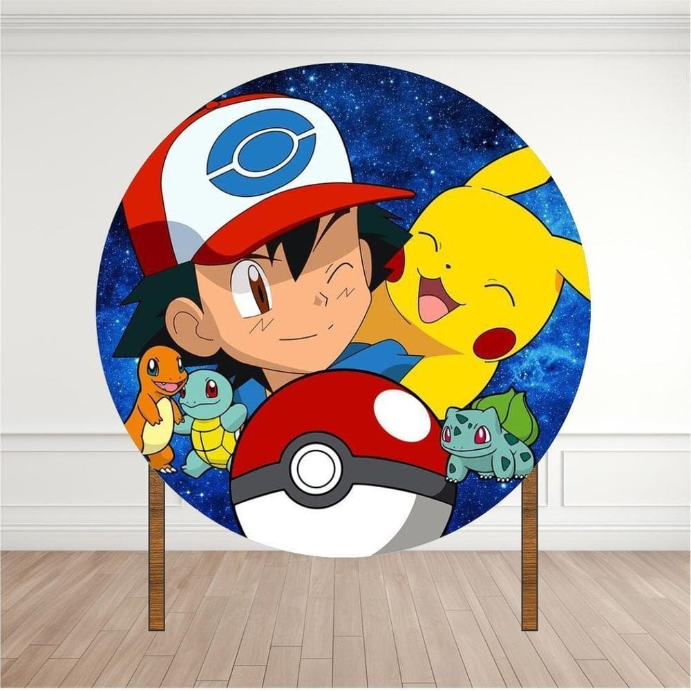 Painel Redondo Lona Fosca 1,20M- Tema Ash E Pikachu