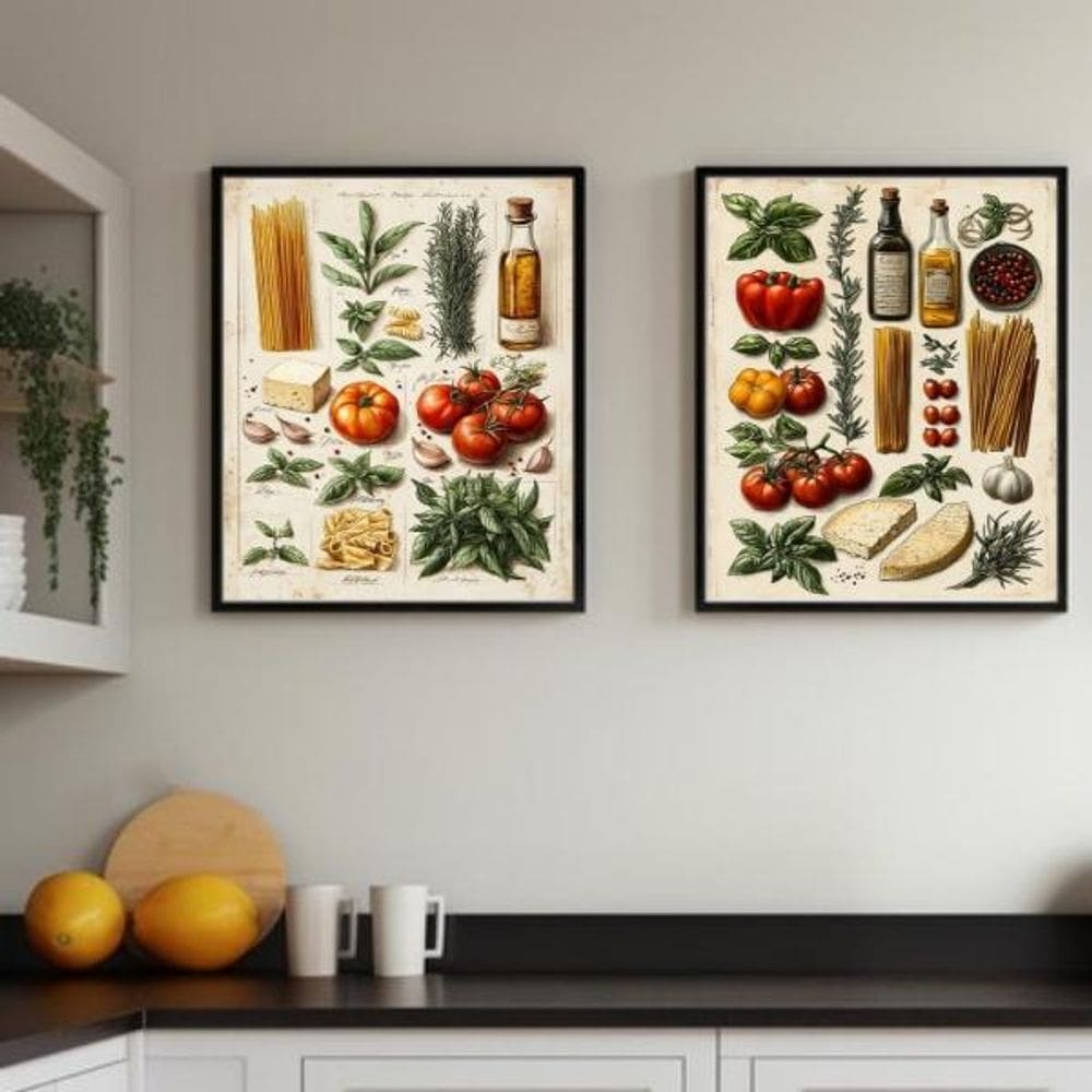 Kit 2 Quadros Cozinha Italiana Vintage Ingredientes 24X18Cm