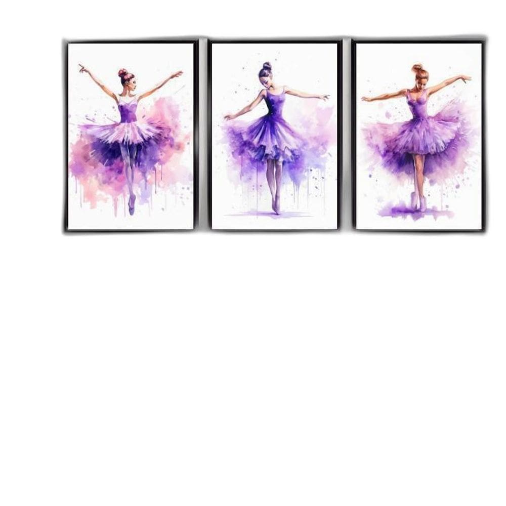 Kit 3 Quadros Bailarinas Lilás - Aquarela 45X34Cm