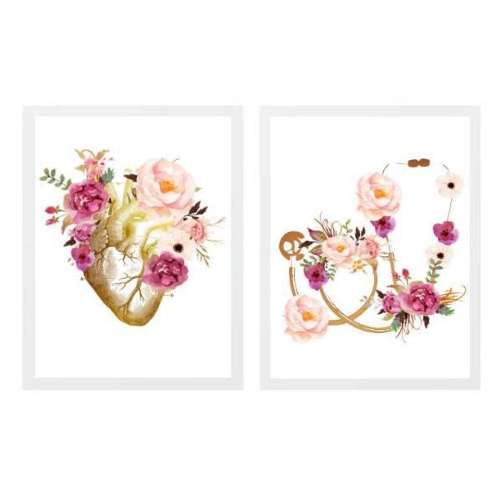 Kit 2 Quadros Coração E Estetoscópio Floral 33X24Cm - Branca