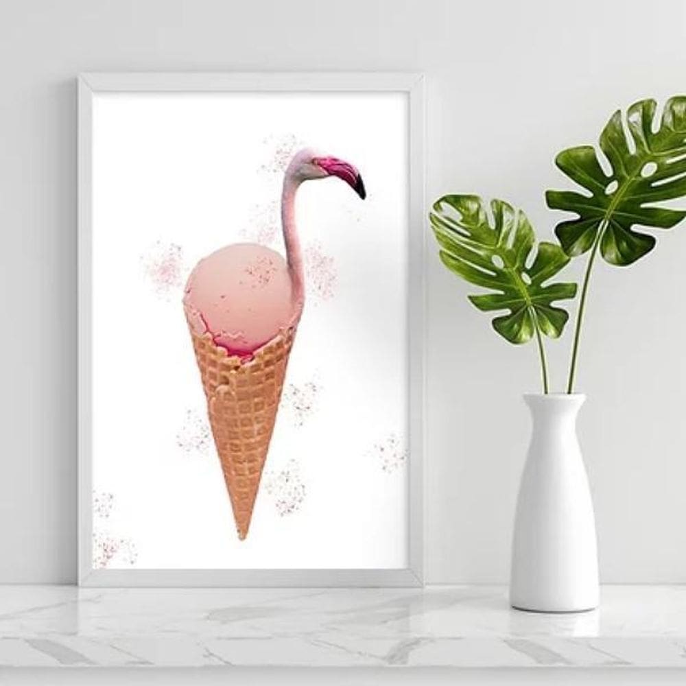 Quadro Decorativo Flamingo Sorvete 45X34Cm - Madeira Branca