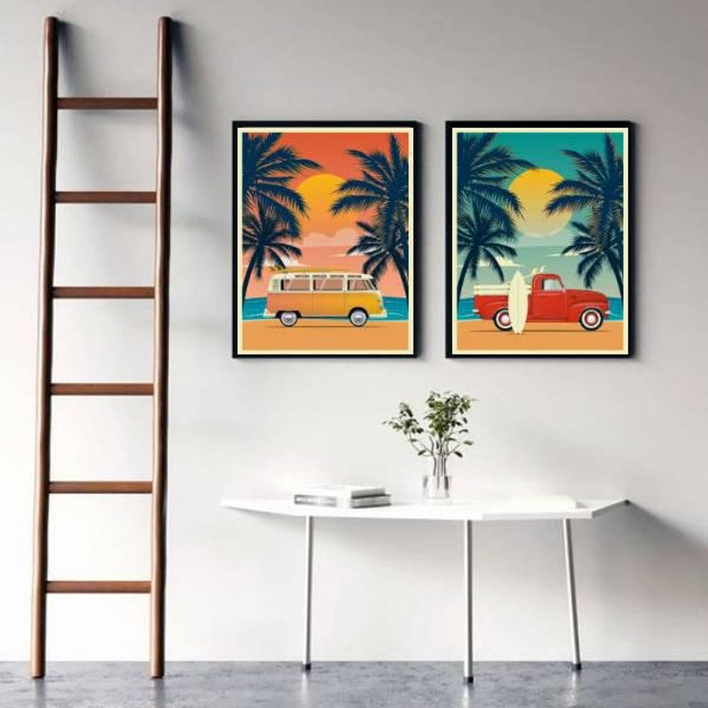 Kit 2 Quadros Decorativos Carros Na Praia 33X24Cm - Preta