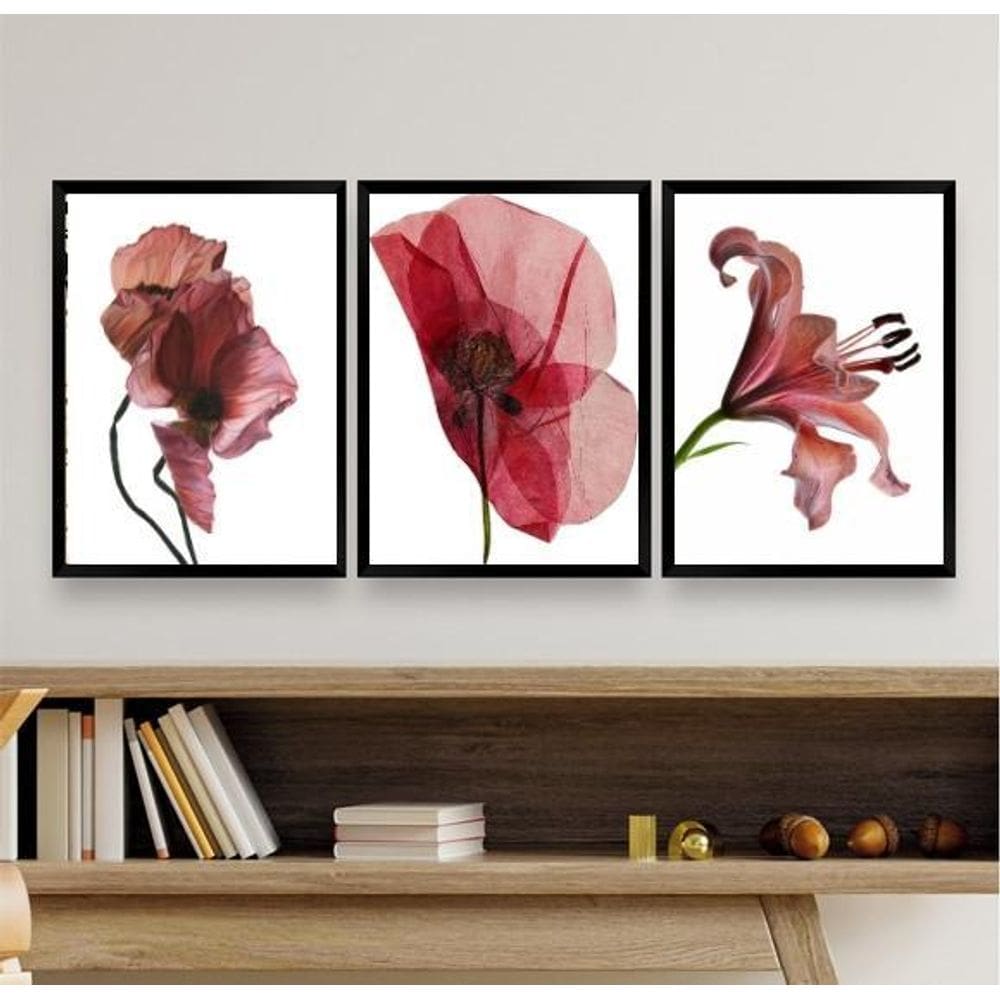 Kit 3 Quadros Decorativos Modernos Flores- Vinho Marsala