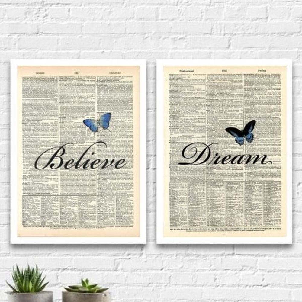 Kit 2 Quadros Dream Believe Borboleta 33X24Cm Madeira Branca