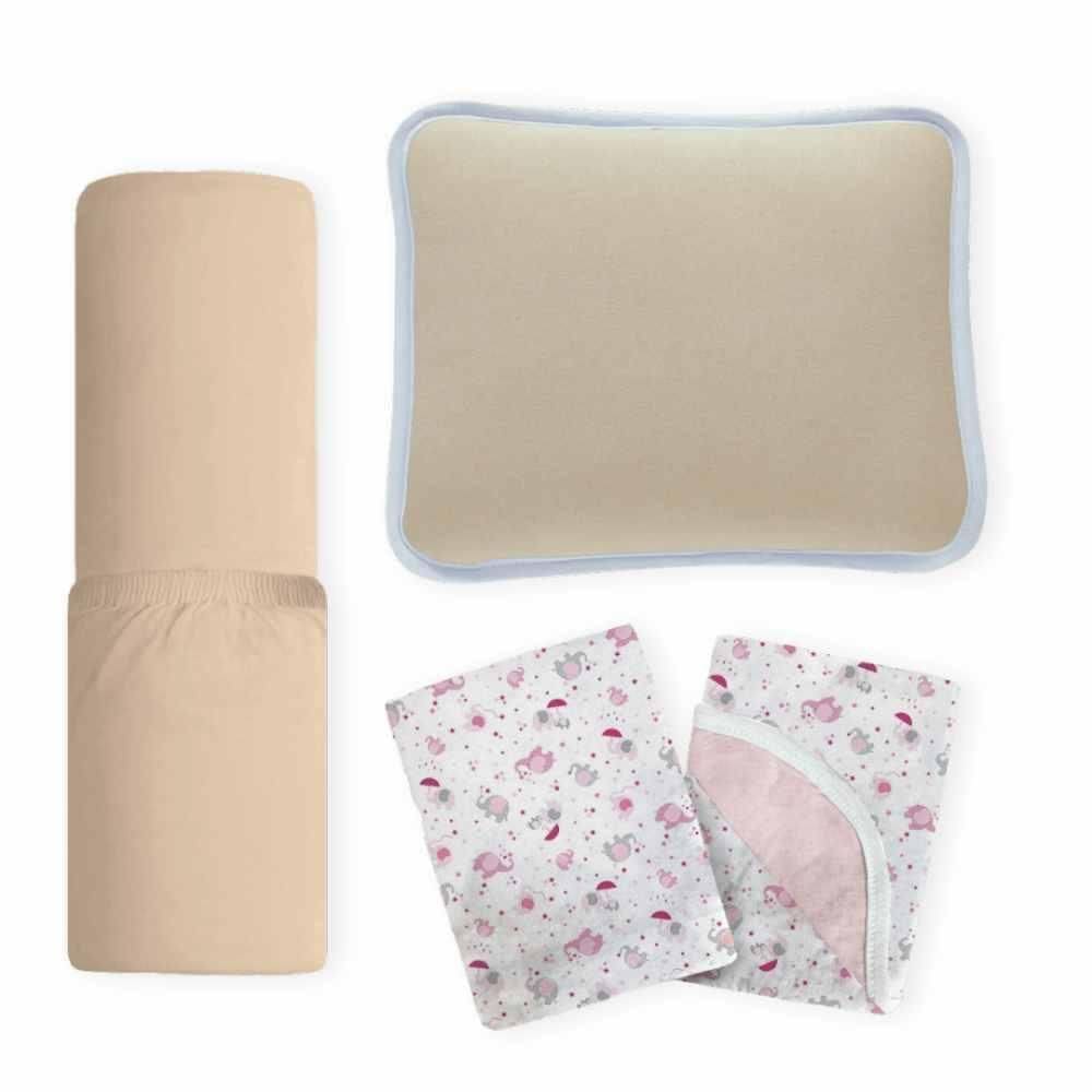 Kit Berço Bege Rosa Fronha Lisa + Lençol Liso + Manta