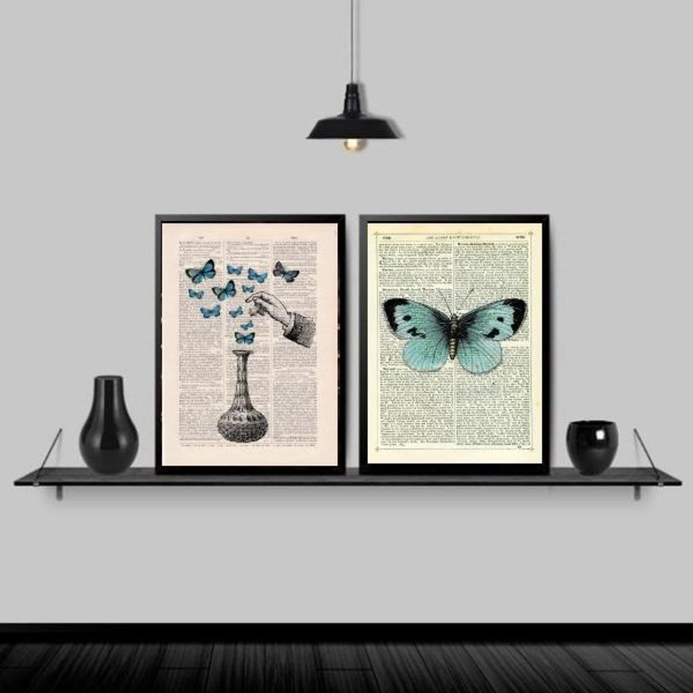 Kit 2 Quadros Poção de Borboletas 45x34cm | Moldura Preta