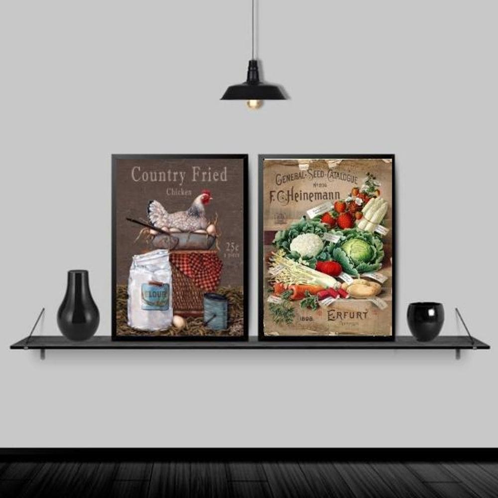 Kit 2 Quadros Para Cozinha Country 45X34Cm Com Vidro - Preta