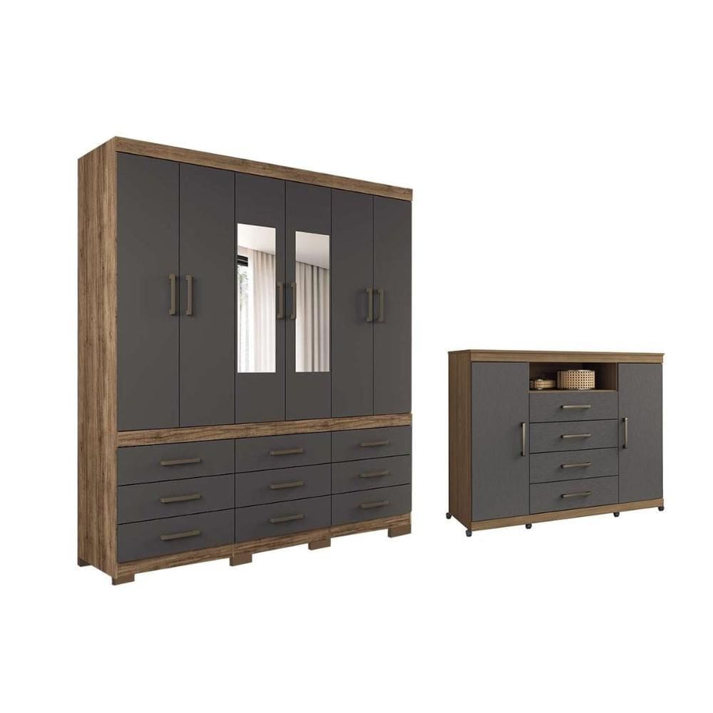 Quarto Completo Modu Guarda Roupa+Cômoda QC420 Jatobá/Grafite - Santos Andirá
