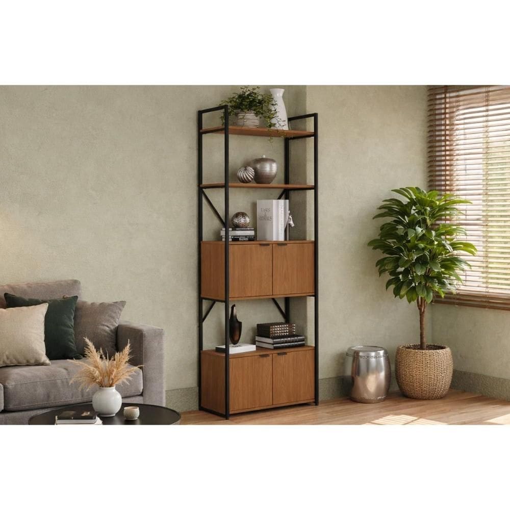 Estante Livreiro Solteiro Industrial LI018 c/ 4 Portas 72cm Canela/Preto - Kappesberg
