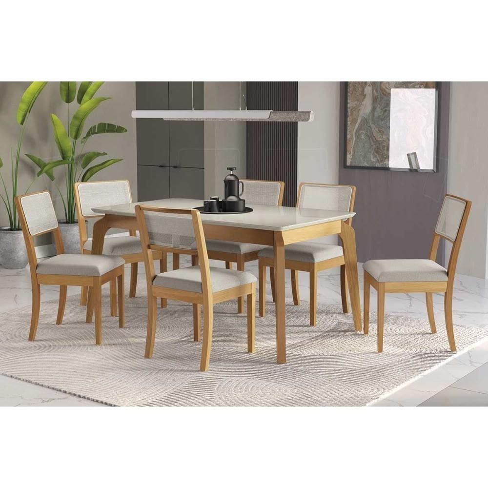 Conjunto Mesa Petra Premium Madeira Maciça c/ Tampo Madeirado c/ Vidro 160x90cm e 6 Cadeiras Lola Carvalho/Off White - Linho Bege Argila Kappesberg