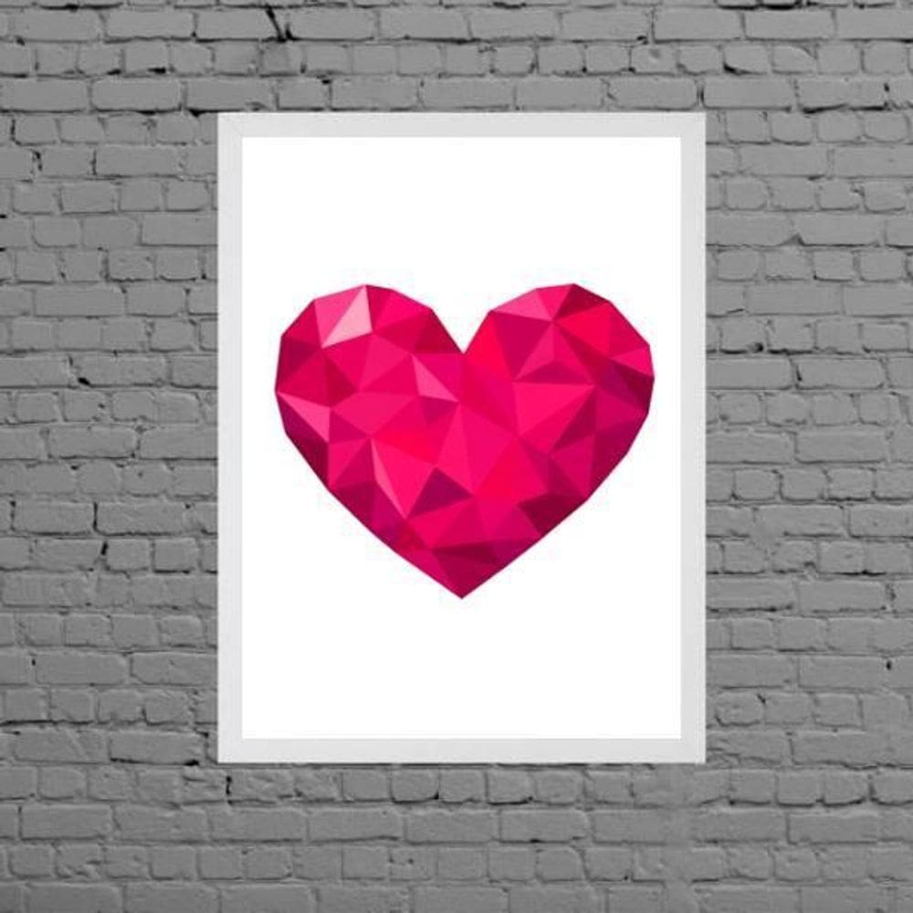 Quadro Coração Geométrico Pink Moldura Branca 24X18Cm