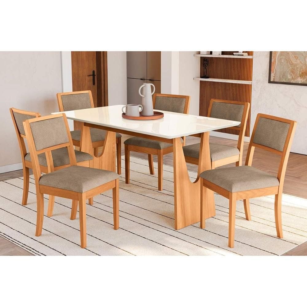 Mesa Cozinha Mila Premium Madeira Maciça c/ Tampo Madeirado c/ Vidro 160x90cm e 6 Cadeiras Alice Carvalho/Off White - Boucle Bege Fendi-Kappesberg