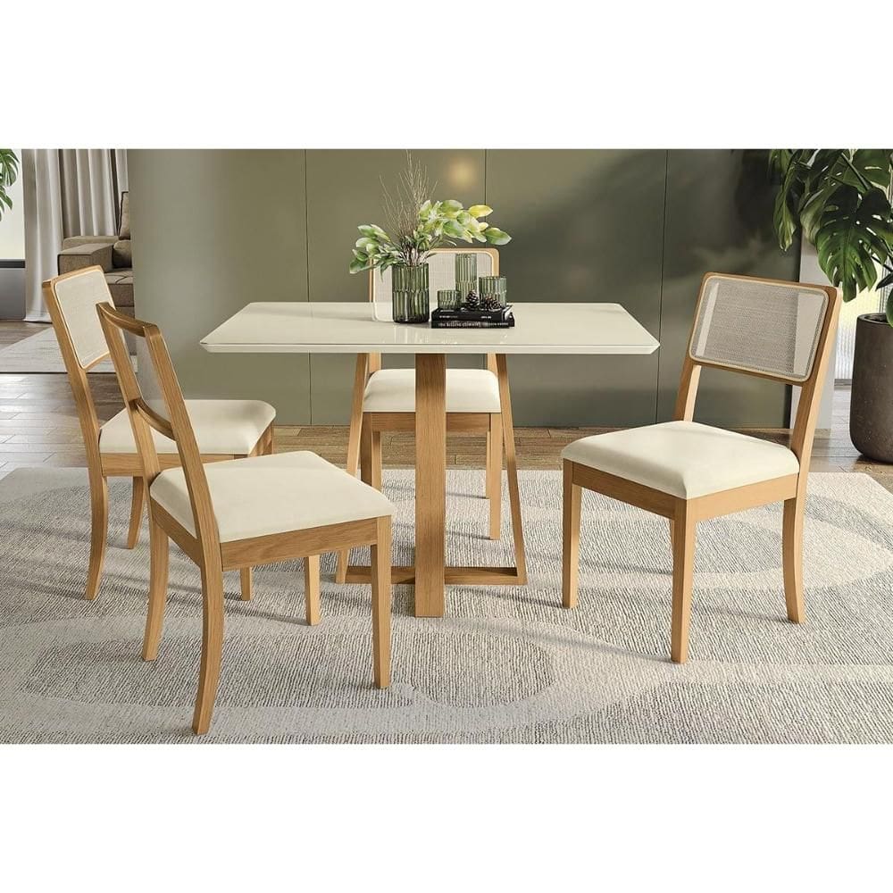 Mesa Cozinha Elma Premium Madeira Maciça c/ Tampo Madeirado c/ Vidro 120x80cm e 4 Cadeiras Lola Carvalho/Off White - Linho Bege Argila-Kappesberg
