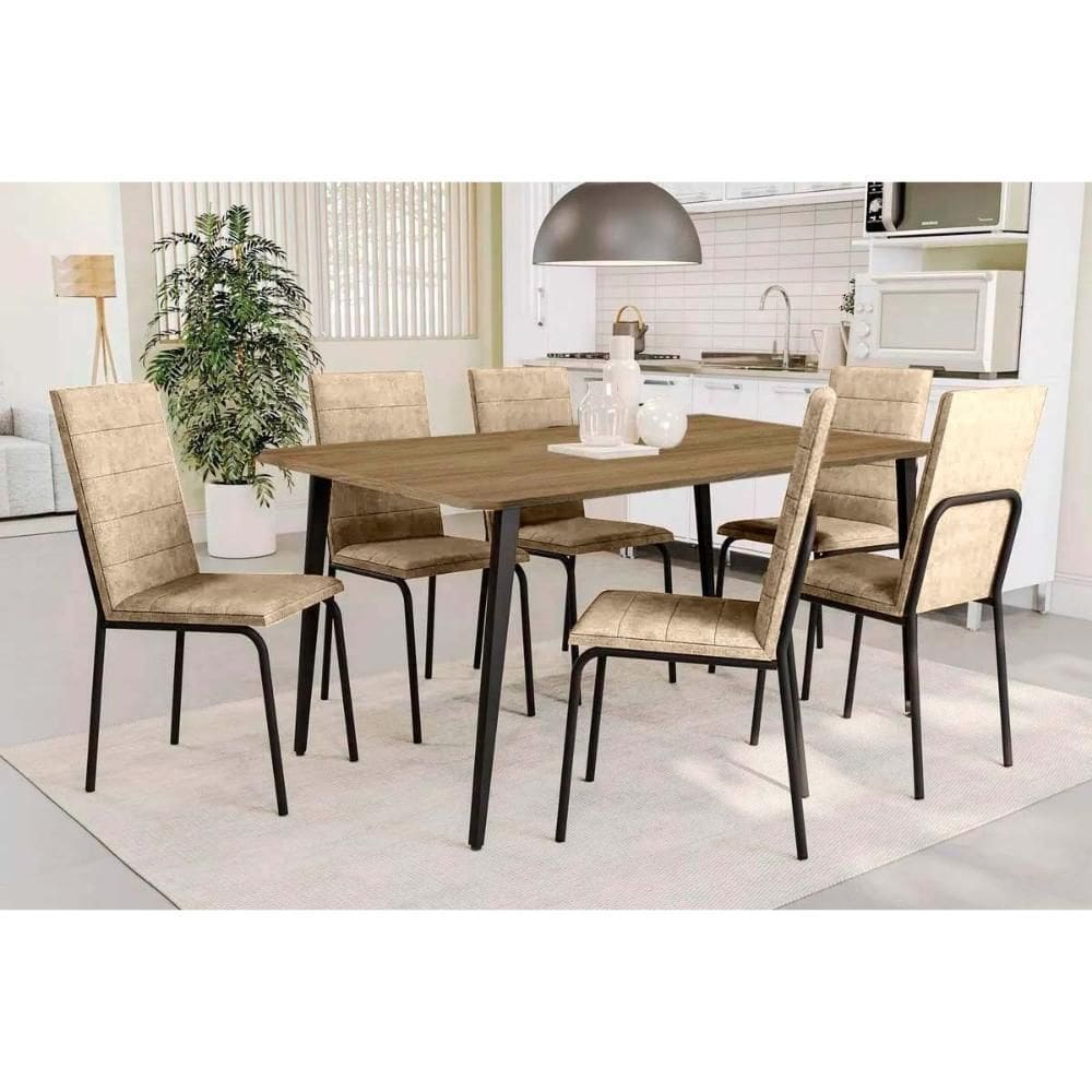 Conjunto: Mesa de Cozinha Iguaçu c/ Tampo de Madeira 160cm e 6 Cadeiras Amsterdã Preto/Corano Bege - Kappesberg
