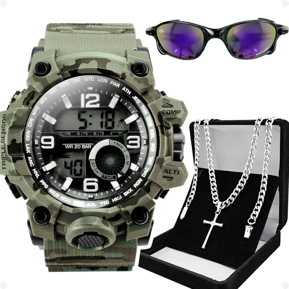 Relogio Masculino Digital Camuflado + Oculos Sol + Cordão