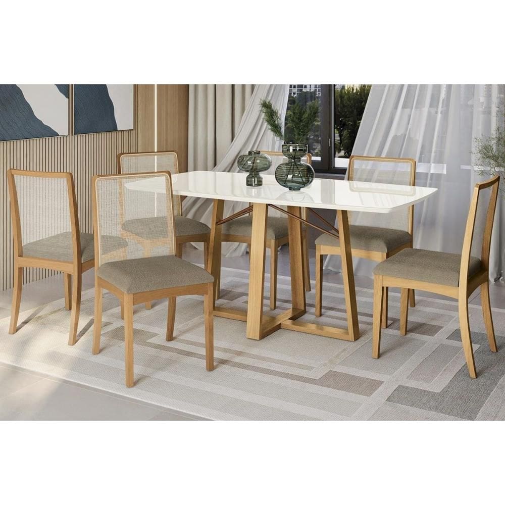 Mesa Cozinha Elma Premium Madeira Maciça c/ Tampo Madeirado c/ Vidro 170x90cm e 6 Cadeiras Lara Carvalho/Off White - Boucle Bege Fendi-Kappesberg