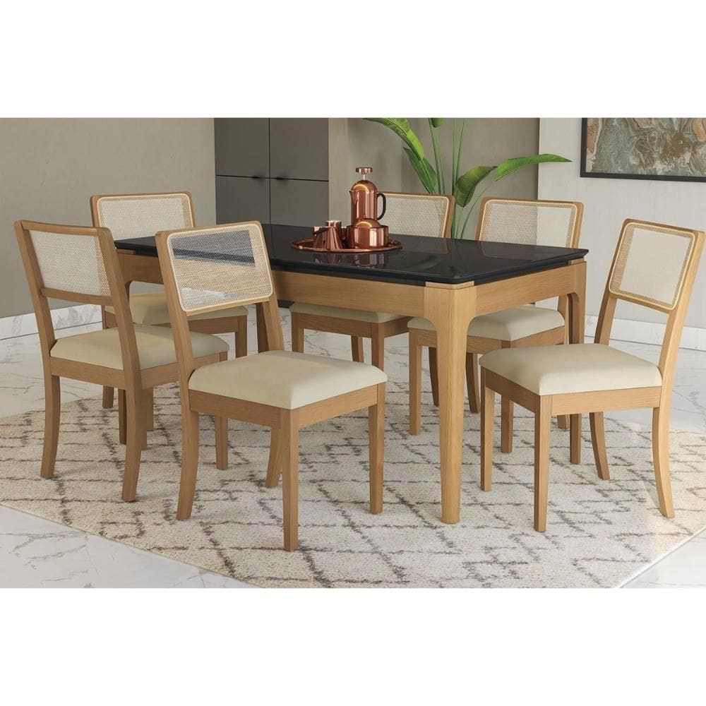 Conjunto Mesa Mira Premium Madeira Maciça c/ Tampo Madeirado c/ Vidro 160x90cm e 6 Cadeiras Lola Carvalho/Preto - Linho Bege Argila Kappesberg