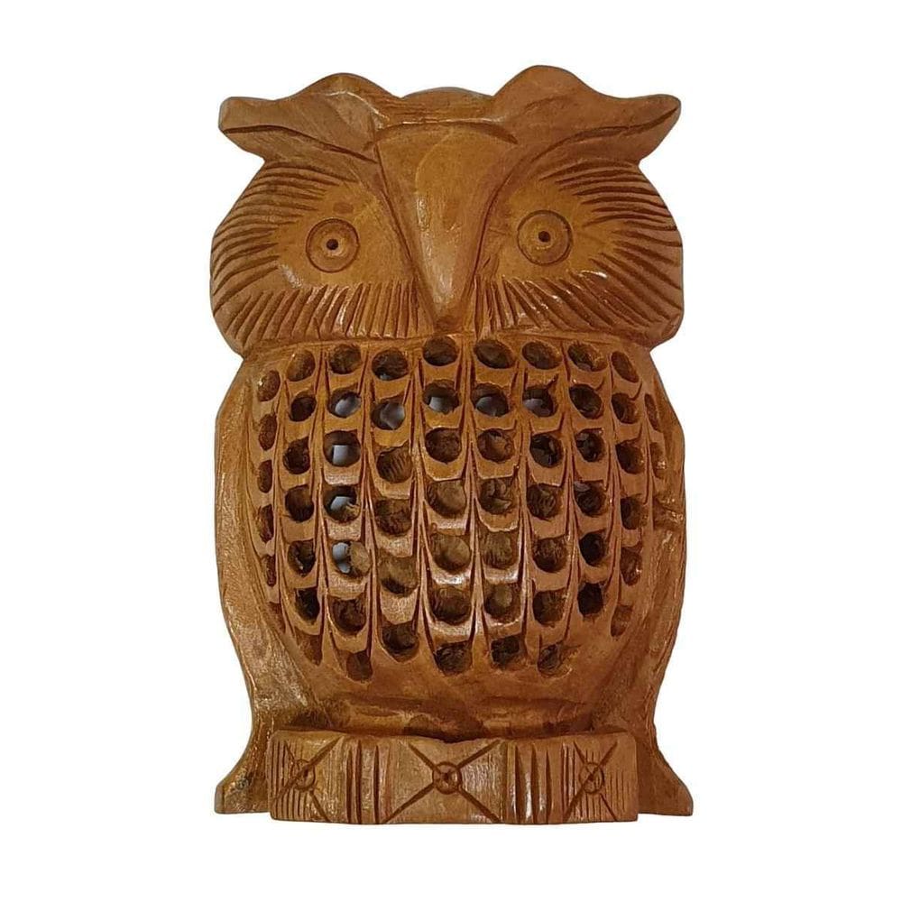 Escultura Vazada Coruja Madeira Suar Marrom Modelo 2 12,5Cm