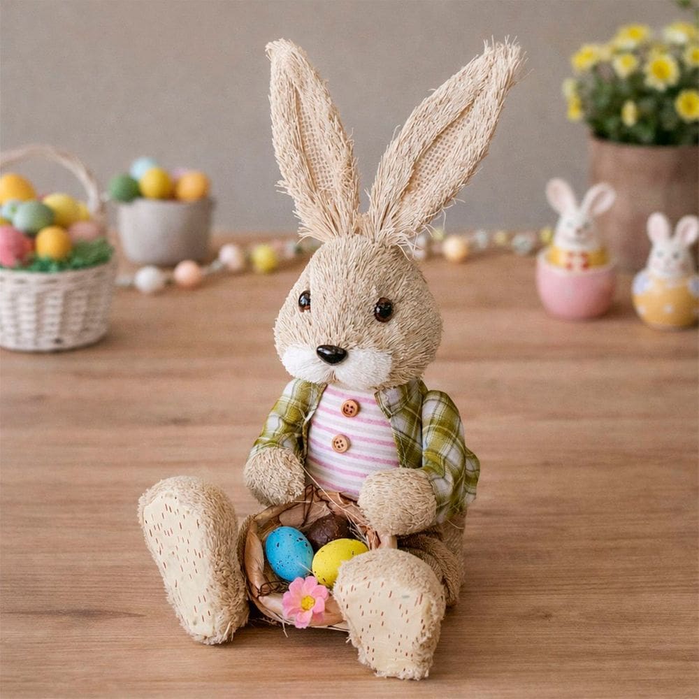 Boneco Coelho Sentado Cesta Ovos Decoração Páscoa Artesanal
